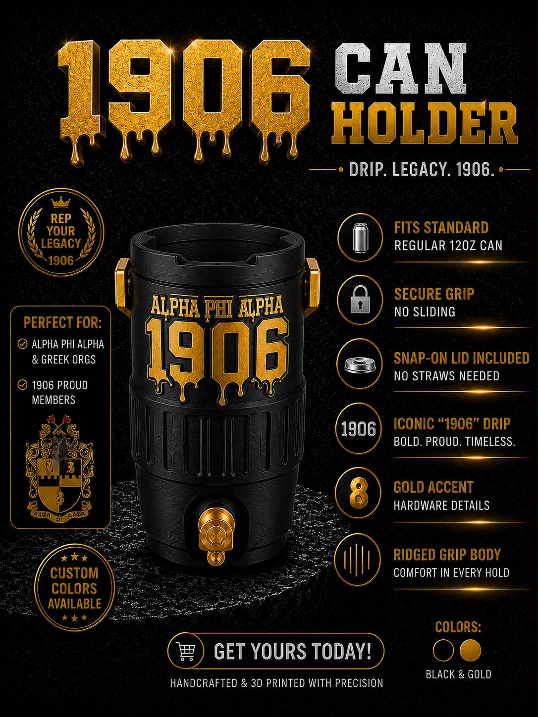 1906 Can Holder | Alpha Phi Alpha Inspired Custom 3D Printed Can Cooler | Greek Fraternity Drinkware | Personalized Gift Product